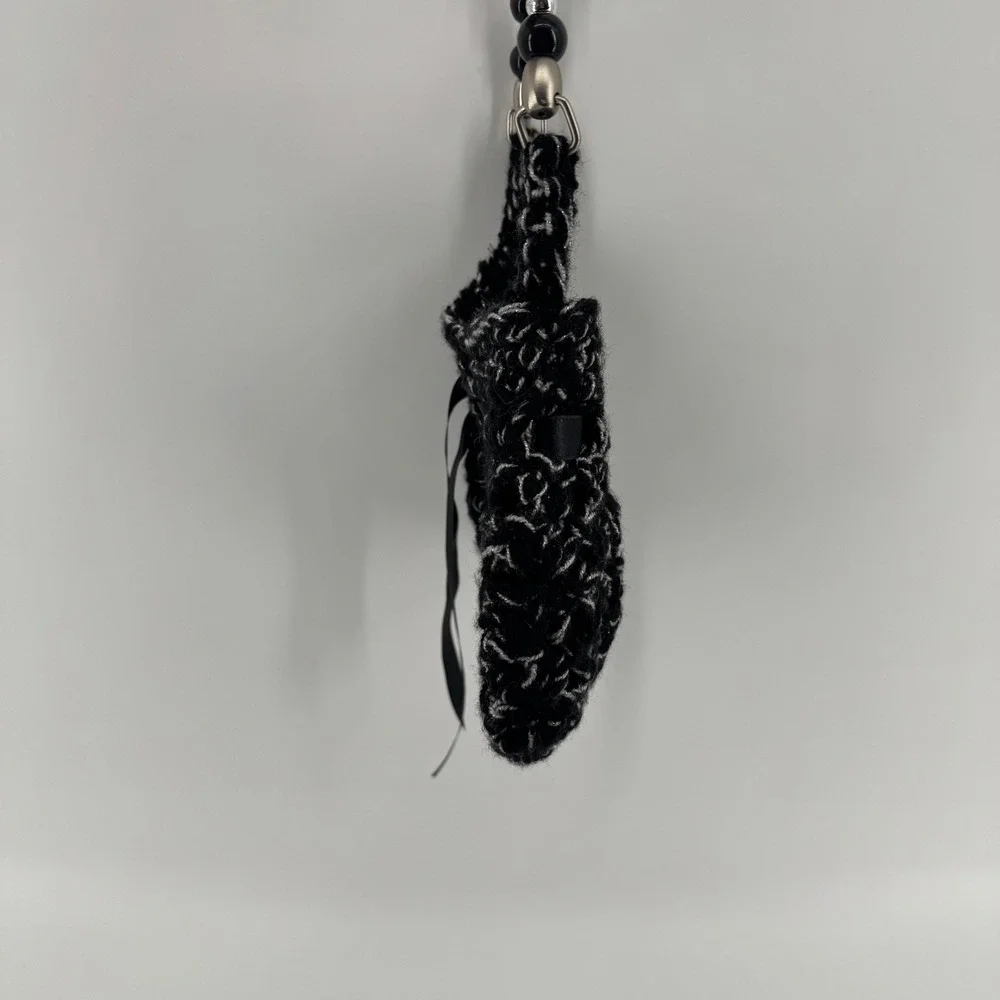 Black & White Crochet Beaded Handle Purse Ribbon‎ Detail Handbag Evening Bag